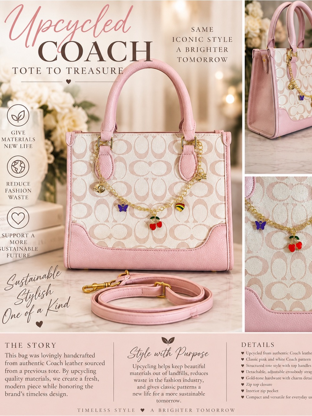 Coach Pink Signature Upcycled Tote - Pink/White